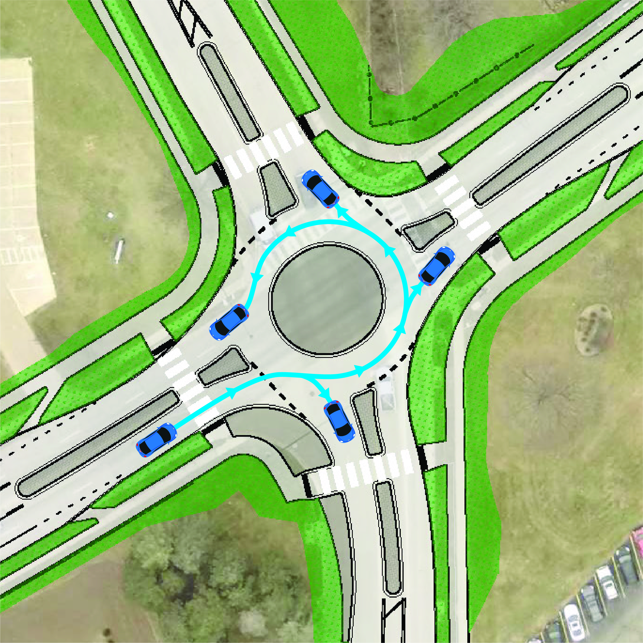 Rendering depicting cars traveling counterclockwise through a roundabout